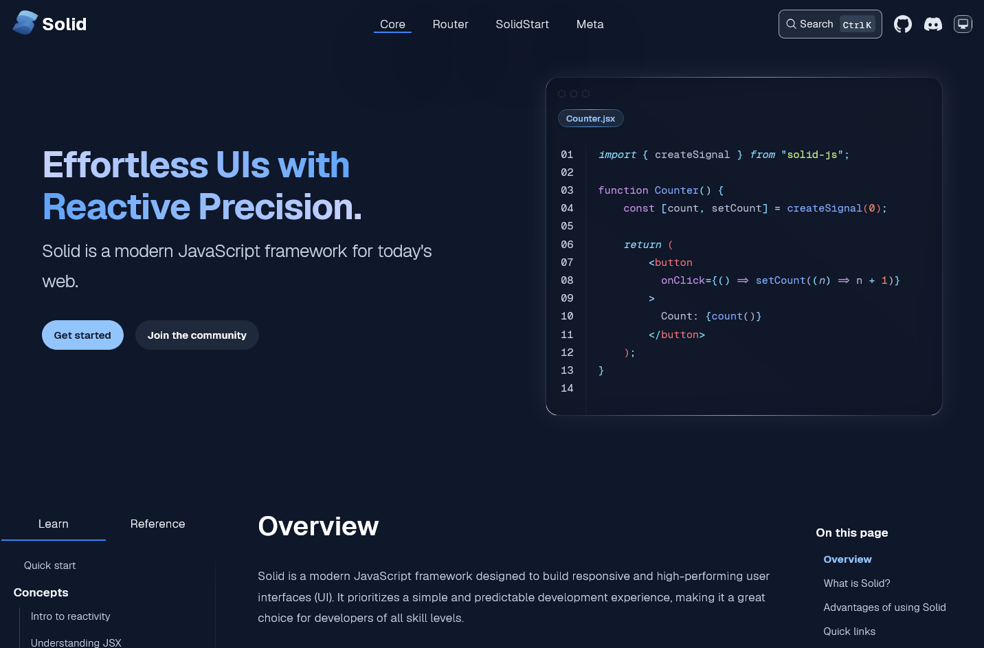 Screenshot of SolidJS docs site
