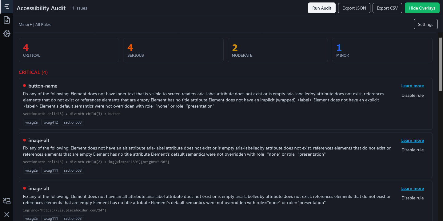 Screenshot of TanStack a11y Devtool